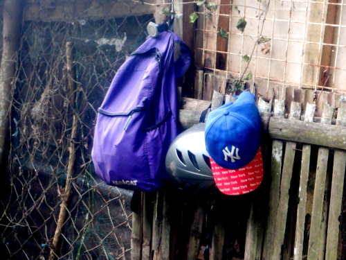 Images of workers possesions hanging on a tropical backyard
        fence