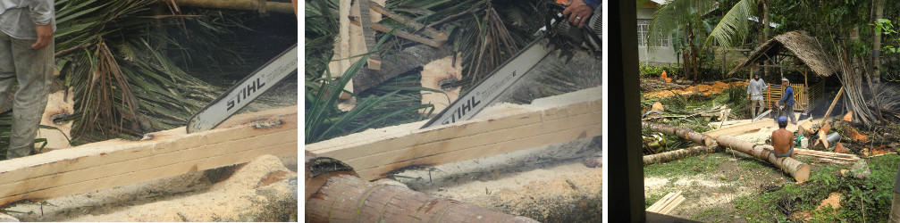 Images of coco lumber being cut by hand