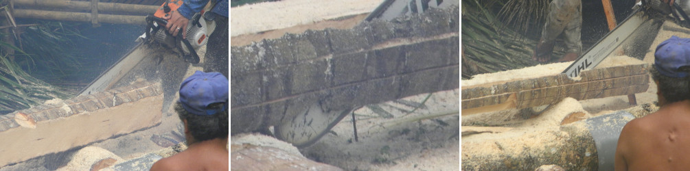 Images of coco lumber being cut by hand