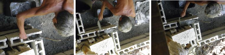 Images of wall being built by hand with hollow blocks