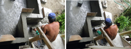 Man adding waterproof layer on outside of garden
              reservoir