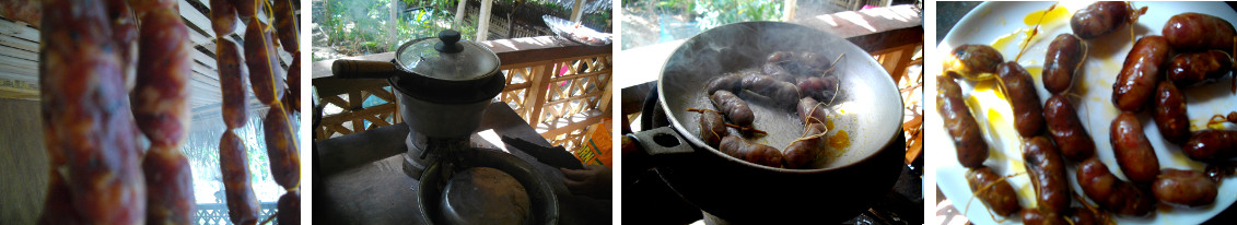 Images of homemade sausages being fried