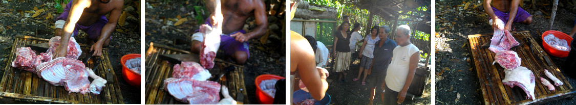 Images of people waiting for freshly slaughtered pork to
        be cut up