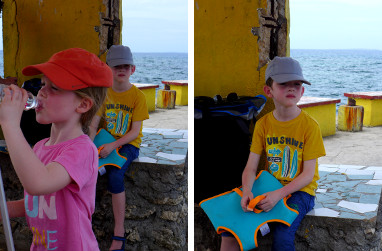 Images of children waiting for a ferry