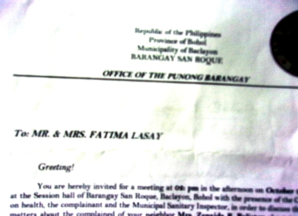 Image of a local Barangay summons