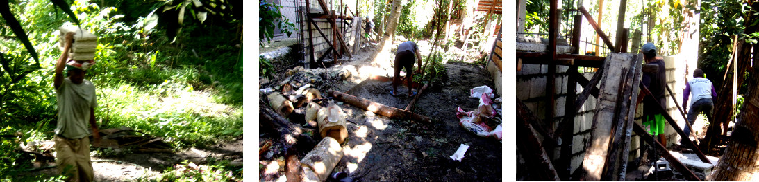Images of construction of
                    wall along tropical backyard boundary