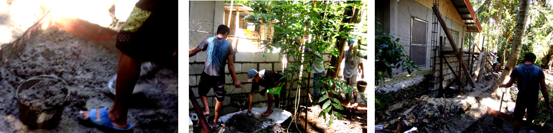 Images of construction of wall along
                    tropical backyard boundary