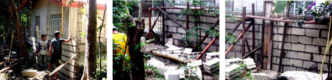Images of construction
                        of wall along tropical backyard boundary