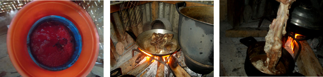 Images of pigs blood and internal organs being cooked
          in tropical backyard kitchencooked