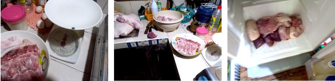 Images of meat being cut up and stored