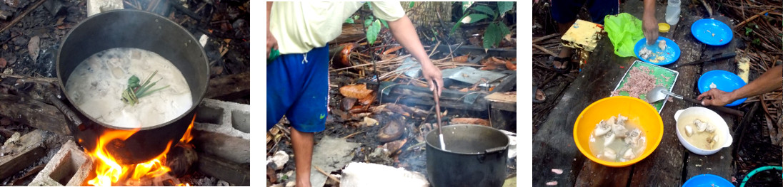 Images of workers snack after slaughtering tropical
        backyard pig