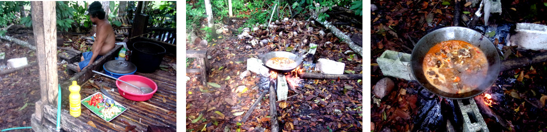 Images of goat being cooked in tropical backyard