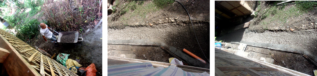 Images of construction of a wetlands to clean domestic
        water in tropical backyard