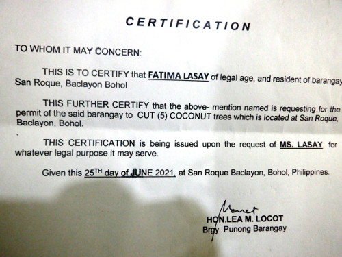 Image of certificate with permission
        for coconut tree cutting