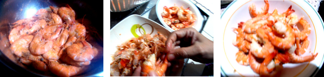 Images of shrimps being peeled for birthday meal