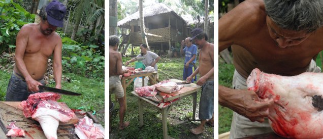 Images of men at
        work cutting up the pork